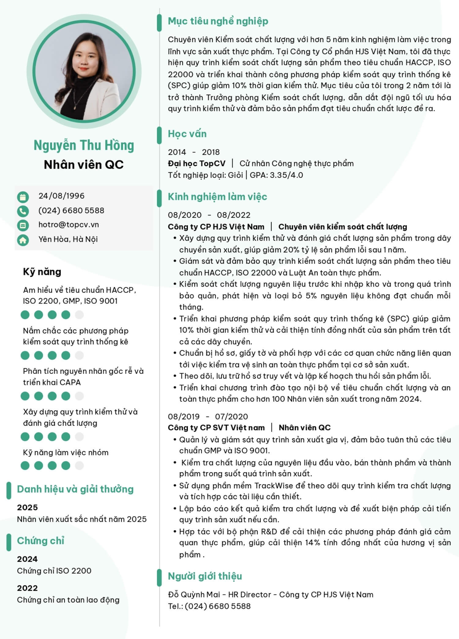 Mẫu CV Nhân viên QC (Kiểm soát chất lượng) trên TopCV